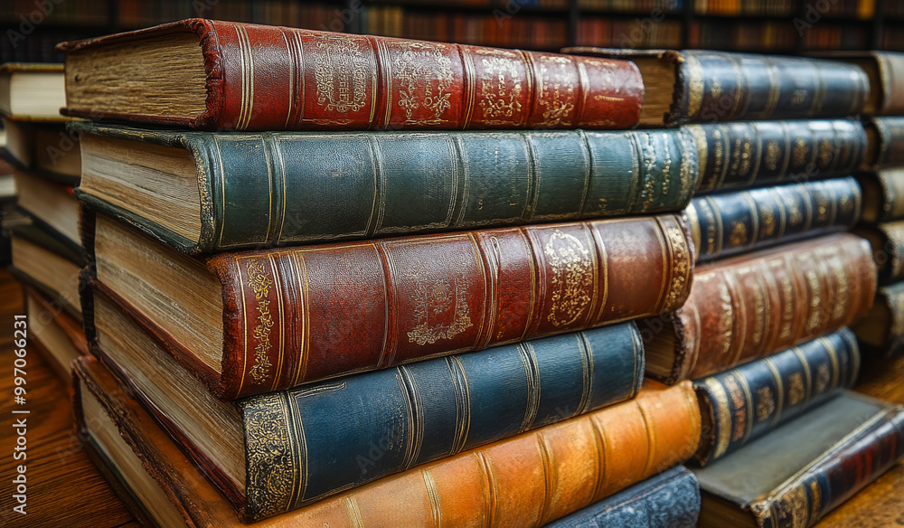 A stack of old books with a blue book on top. The stack is piled high and the books are of different sizes A stack of old books with a blue book on top. The stack is piled high and the books are of different sizes