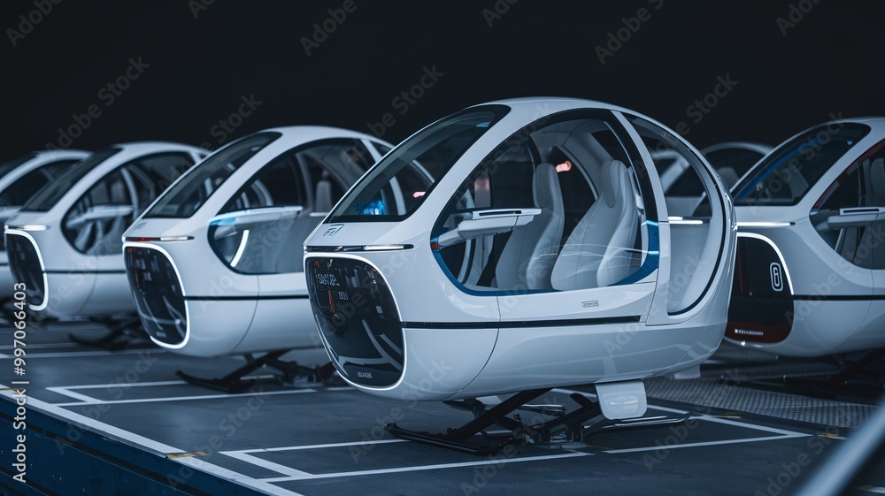 Obraz premium Futuristic Fleet: A row of sleek, white autonomous vehicles stand ready for the future of transportation. The clean lines and futuristic design evoke a sense of innovation and progress.