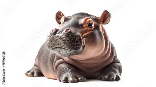 Cute baby hippo lying on its belly, looking up with a curious expression. Its small ears and round snout add to its innocence, highlighted against a simple white background.