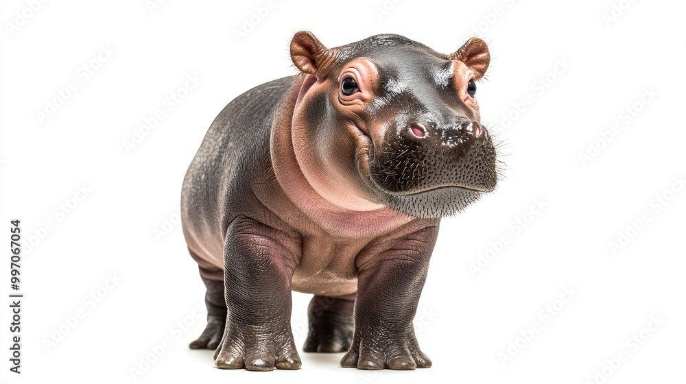 Smiling baby hippo standing on its short legs, with a playful expression and wrinkled skin. The white background emphasizes the hippo's sweet and gentle appearance. Smiling baby hippo standing on its short legs, with a playful expression and wrinkled skin. The white background emphasizes the hippo's sweet and gentle appearance.
