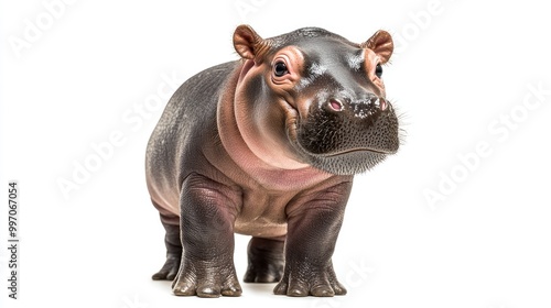 Smiling baby hippo standing on its short legs, with a playful expression and wrinkled skin. The white background emphasizes the hippo's sweet and gentle appearance.