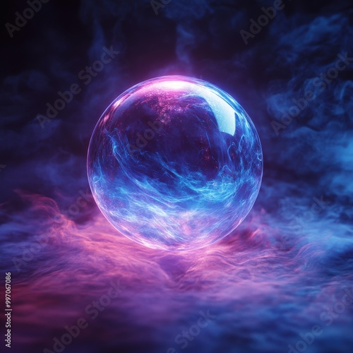 Mystical glowing crystal ball surrounded by ethereal mist in blue and purple hues