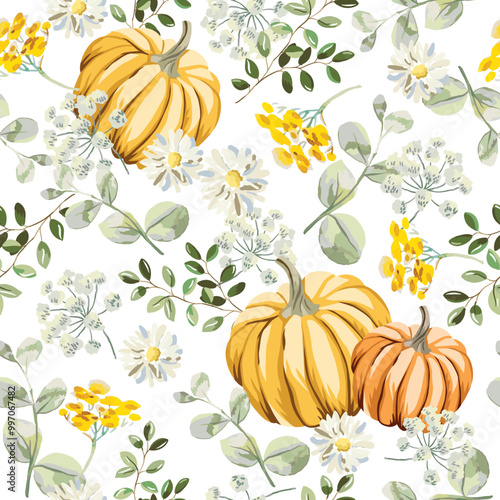 Autumn yellow pumpkins, daisy flowers, green leaves, white background. Vector seamless pattern. Fall season illustration. Meadow and garden plants. Nature design