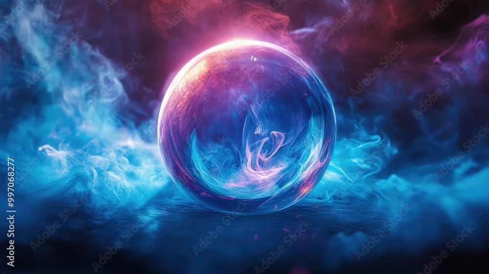 Mystical glowing crystal ball surrounded by ethereal mist in blue and purple hues Mystical glowing crystal ball surrounded by ethereal mist in blue and purple hues