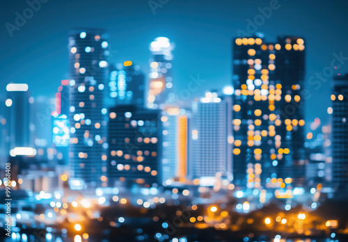 Cidade grande desfocada à noite com luzes brilhantes e bokeh artístico em tons de azul e roxo, criada com IA generativa. photo