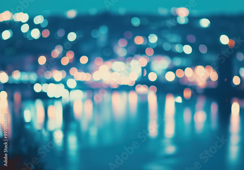 Cidade grande desfocada à noite com luzes brilhantes e bokeh artístico em tons de azul e roxo, criada com IA generativa.