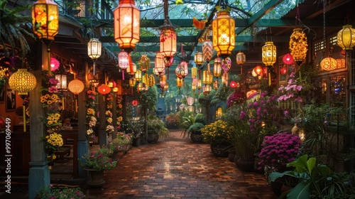 Night-time celebration with glowing colorful lanterns, vivid yellows and greens, and festive decorations. Painted flowers adorn the lanterns, casting warm, perfect for spring party Background