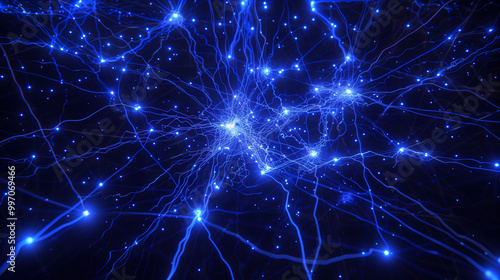 фотографія Abstract neural network with glowing blue connections on dark background