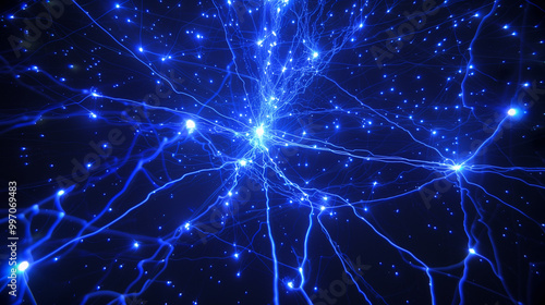 Abstract neural network with glowing blue connections on dark background photo