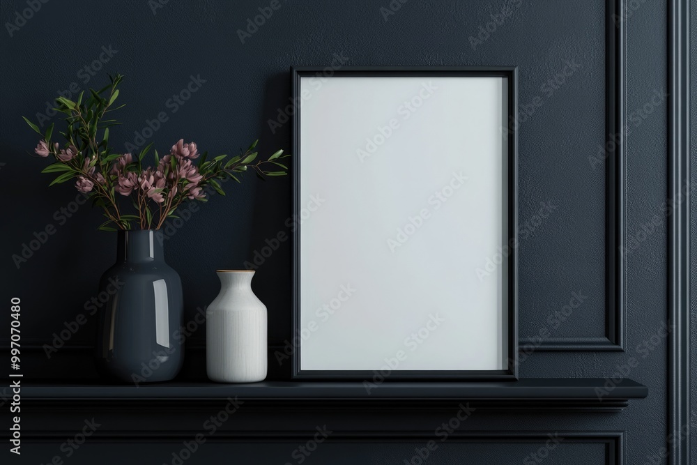 Modern Living Room Interior with Empty Black Frame on Wooden Shelf Modern Living Room Interior with Empty Black Frame on Wooden Shelf