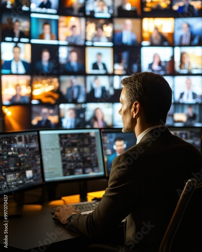 Businessman Monitoring Multiple Video Feeds