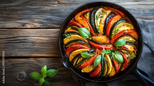 A delicious vegetarian ratatouille dish made with zucchini, eggplant, bell peppers, and tomatoes, in a cast iron skillet on a wooden table. photo