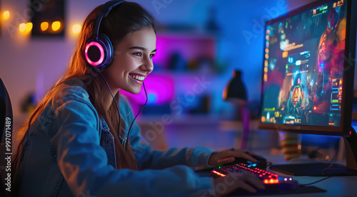 Jovem gamer branca jogando em computador com fones de ouvido, ambiente iluminado com luzes coloridas, criada com IA generativa. photo