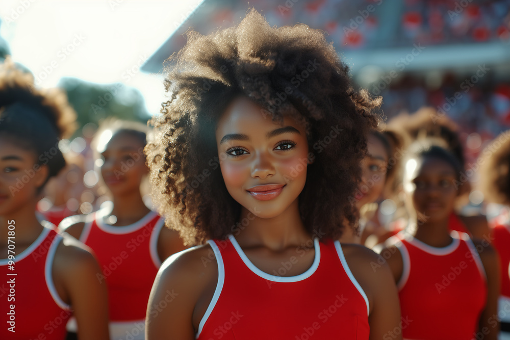 Fototapeta premium A team of African American female cheerleaders smiling in the stadium.