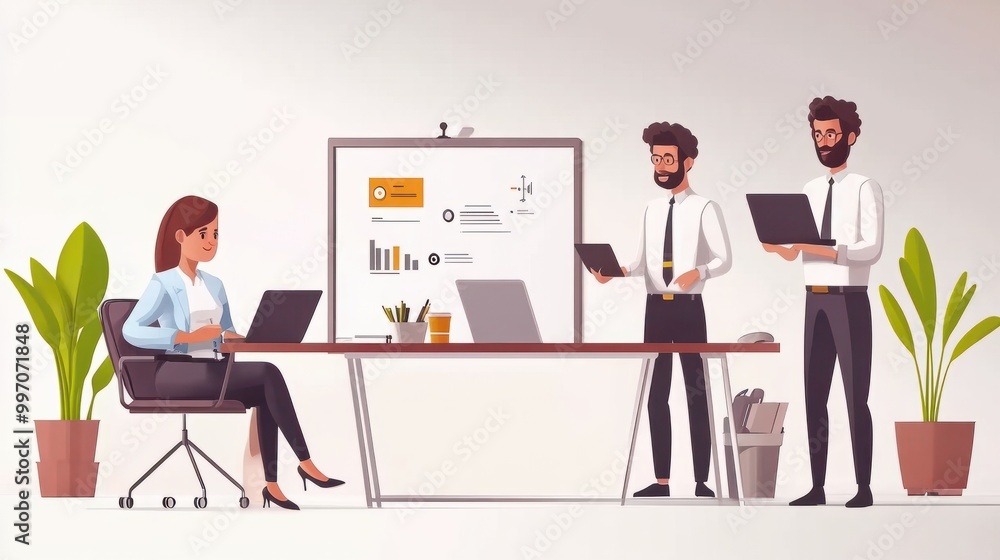 Flat design showing a business presentation on a whiteboard with a group of workers. Flat design showing a business presentation on a whiteboard with a group of workers.
