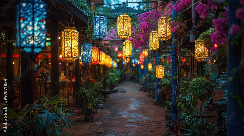 Fototapeta premium Night-time celebration with glowing colorful lanterns, vivid yellows and greens, and festive decorations. Painted flowers adorn the lanterns, casting warm, perfect for spring party Background