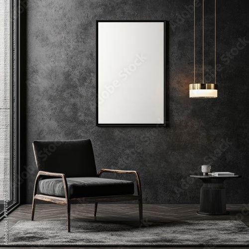 Modern Minimalist Waiting Room Interior with Black Armchair and White Poster