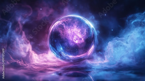 Mystical glowing crystal ball surrounded by ethereal mist in blue and purple hues