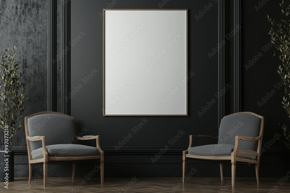 Minimalist Living Room Interior with Empty Canvas Poster and Two Armchairs Minimalist Living Room Interior with Empty Canvas Poster and Two Armchairs