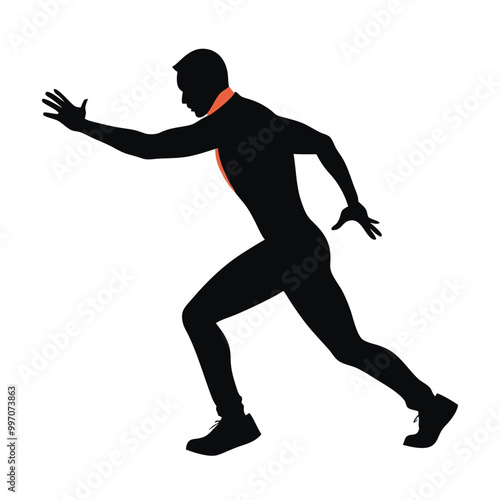 a black silhouette of a person in a running pose. The person appears to be in mid-stride, 