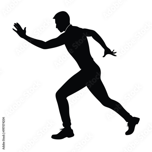 a black silhouette of a person in a running pose. The person appears to be in mid-stride, 