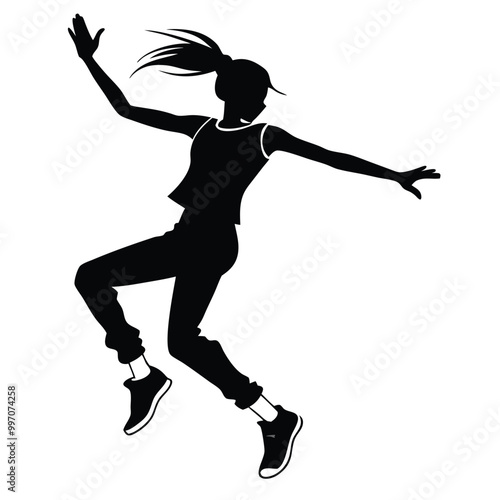 a black silhouette of a person in mid-air, with their arms stretched out to the sides. The person appears to be in the middle of a dance move,  