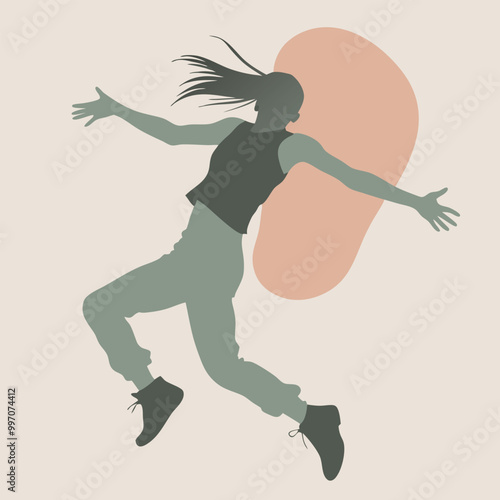 a black silhouette of a person in mid-air, with their arms stretched out to the sides. The person appears to be in the middle of a dance move,  