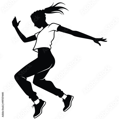 a black silhouette of a person in mid-air, with their arms stretched out to the sides. The person appears to be in the middle of a dance move,  