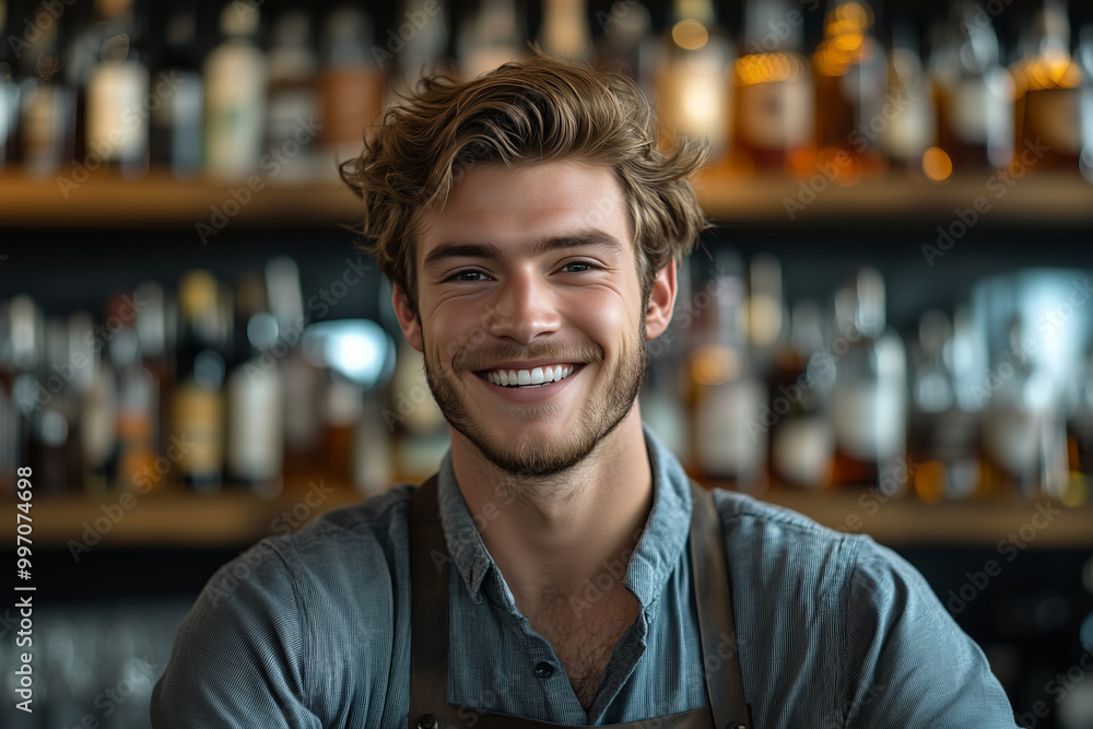 Obraz premium Caucasian male bartender smiling with confidence in liquor store.