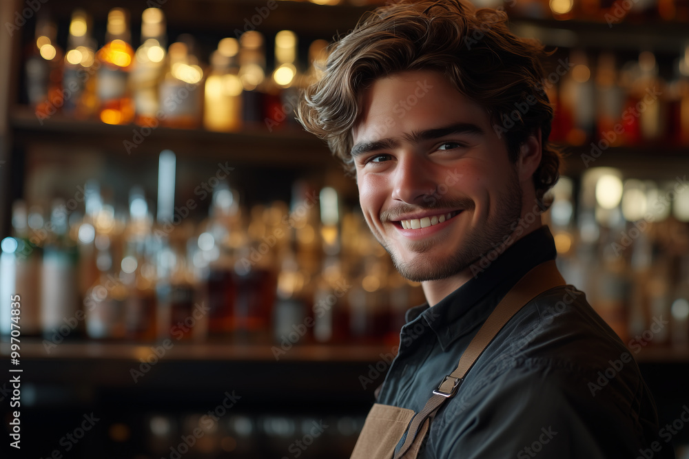 Caucasian male bartender smiling with confidence in liquor store. Caucasian male bartender smiling with confidence in liquor store.
