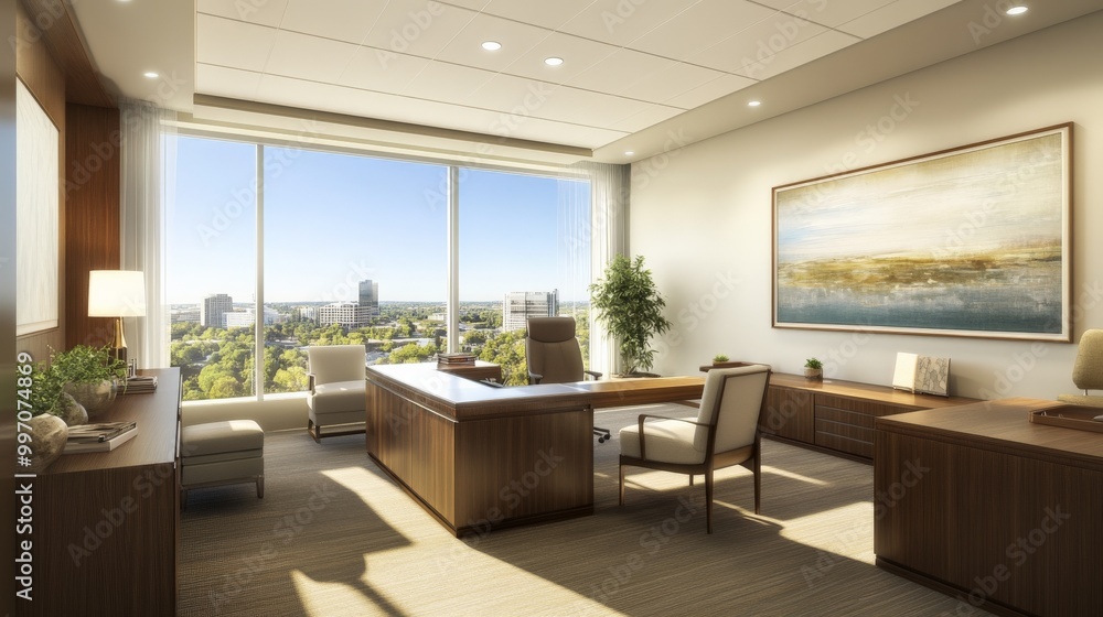 Fototapeta premium Bright and Airy Executive Office with Panoramic City View