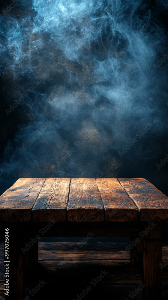 Empty wooden table with dark background and blue smoke. Empty wooden table with dark background and blue smoke.