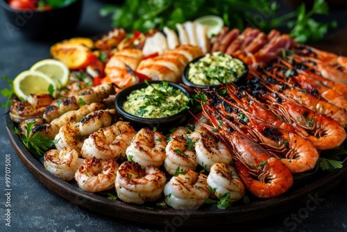 A variety of seafood mix grill on a large platter. King prawns, crab phalanges, Fillet fish, Shrimps, Kofta Shrimps - generative ai