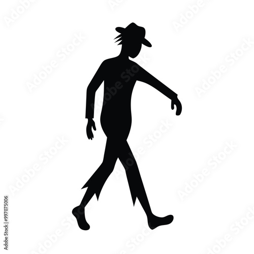 a black silhouette of a person walking. The person appears to be in motion, with their arms and legs stretched out in front of them