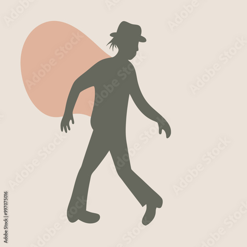 a black silhouette of a person walking. The person appears to be in motion, with their arms and legs stretched out in front of them