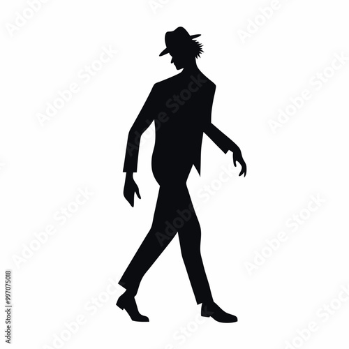 a black silhouette of a person walking. The person appears to be in motion, with their arms and legs stretched out in front of them