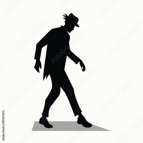 a black silhouette of a person walking. The person appears to be in motion, with their arms and legs stretched out in front of them