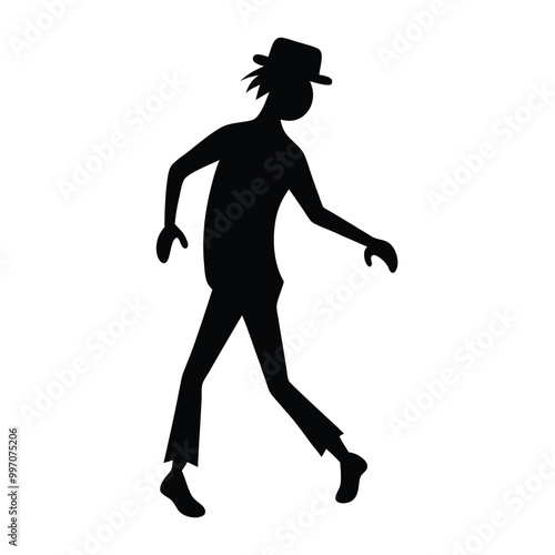 a black silhouette of a person walking. The person appears to be in motion, with their arms and legs stretched out in front of them