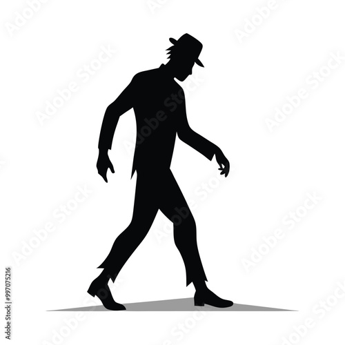 a black silhouette of a person walking. The person appears to be in motion, with their arms and legs stretched out in front of them
