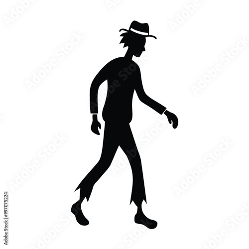 a black silhouette of a person walking. The person appears to be in motion, with their arms and legs stretched out in front of them