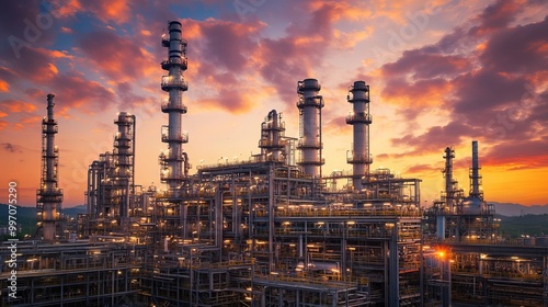 Wallpaper Mural An oil refinery or petrochemical plant against a beautiful sunset sky. The factory is working in the evening, producing petrochemicals for various industries. Torontodigital.ca