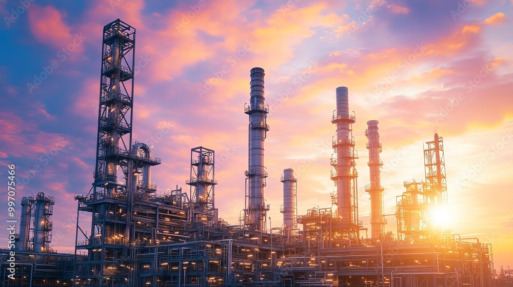Obraz premium An oil refinery or petrochemical plant against a beautiful sunset sky. The factory is working in the evening, producing petrochemicals for various industries.