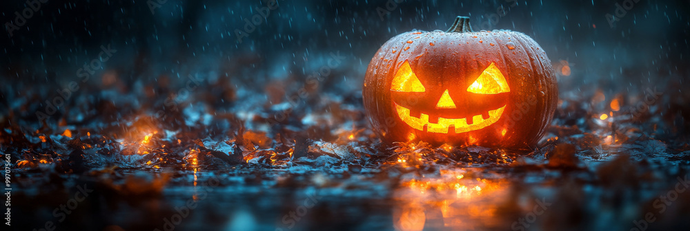 A glowing jack-o'-lantern in a rainy forest. A glowing jack-o'-lantern in a rainy forest.