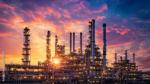 An oil refinery or petrochemical plant against a beautiful sunset sky. The factory is working in the evening, producing petrochemicals for various industries.