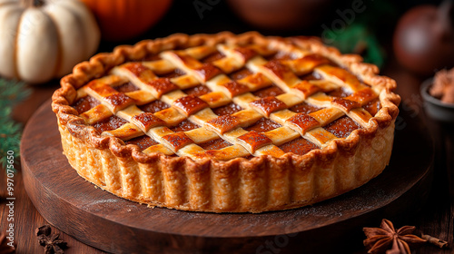 pumpkin pie on a wooden table