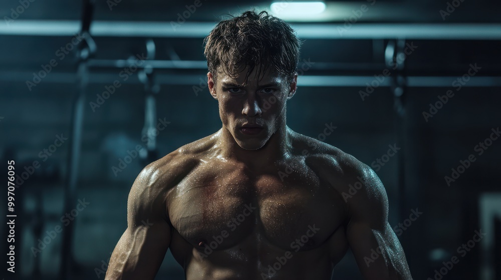 Fototapeta premium Intense fitness Training Session: Young Caucasian Male Athlete Showcasing Muscle Definition and Sweat in Indoor Gym