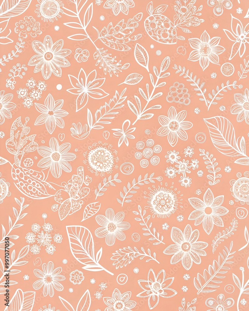 Peachy Pink Floral Background with Hand-Drawn Doodles Peachy Pink Floral Background with Hand-Drawn Doodles