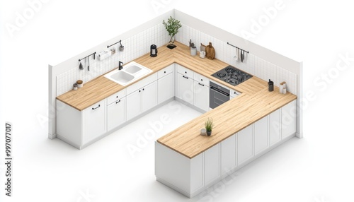 Scandinavian kitchen blending white cabinets and wooden countertops with simple decor, depicted in an isometric 3D render on an isolated white background.