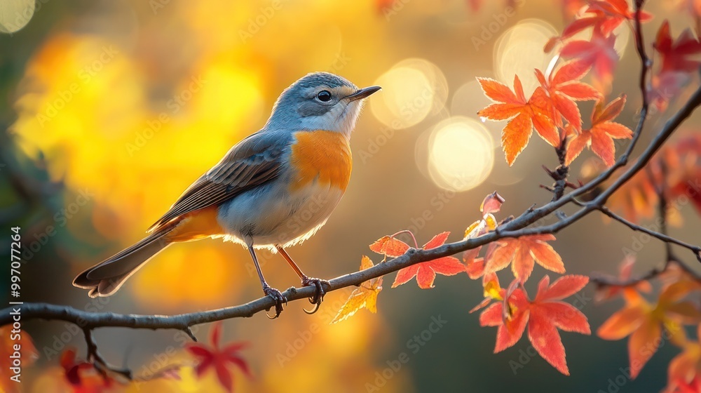 Robin perched on a tree branch, surrounded by lush green and red Acer leaves. Sunlit springtime scene with colorful feathers and peaceful backyard wildlife. Perfect for nature, wildlife Robin perched on a tree branch, surrounded by lush green and red Acer leaves. Sunlit springtime scene with colorful feathers and peaceful backyard wildlife. Perfect for nature, wildlife