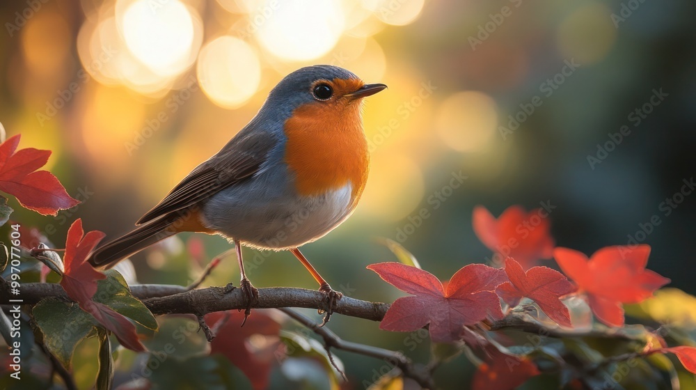 Robin perched on a tree branch, surrounded by lush green and red Acer leaves. Sunlit springtime scene with colorful feathers and peaceful backyard wildlife. Perfect for nature, wildlife Robin perched on a tree branch, surrounded by lush green and red Acer leaves. Sunlit springtime scene with colorful feathers and peaceful backyard wildlife. Perfect for nature, wildlife